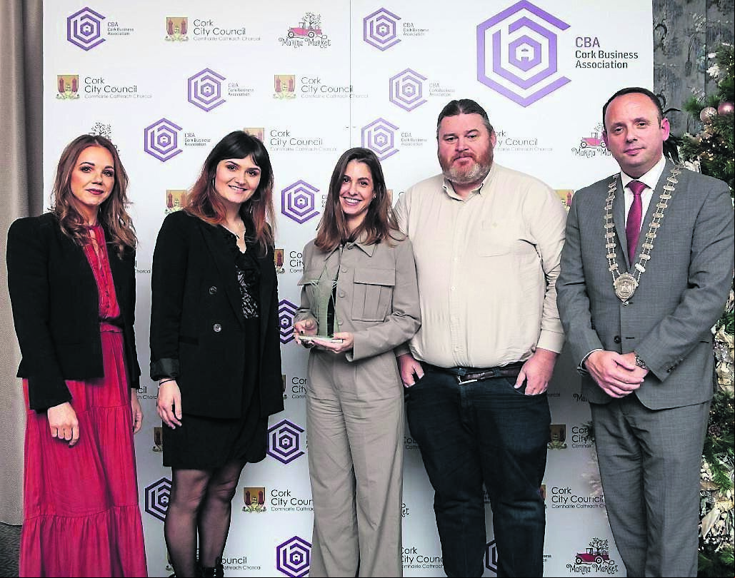Criss Constantin and Andrea Moral of Mango and Ronan Downing of Clarendon, winners of the best retail award, for the redevelopment of Mango on Patrick St, are presented with a CBA Cork Better Building Award by Breda O’Connell of Opera Lane with CBA president Aaron Mansworth. Pic: Diane Cusack
Criss Constantin and Andrea Moral of Mango and Ronan Downing of Clarendon, winners of the best retail award, for the redevelopment of Mango on Patrick St, are presented with a CBA Cork Better Building Award by Breda O’Connell of Opera Lane with CBA president Aaron Mansworth. Pic: Diane Cusack