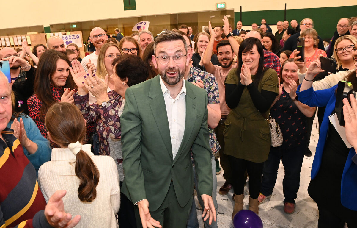 Padraig Rice, Social Democrats celebrates his election in Cork South Central at the count centre in Nemo Rangers. Picture: Eddie O'Hare. Padraig Rice, Social Democrats celebrates his election in Cork South Central at the count centre in Nemo Rangers. Picture: Eddie O'Hare.