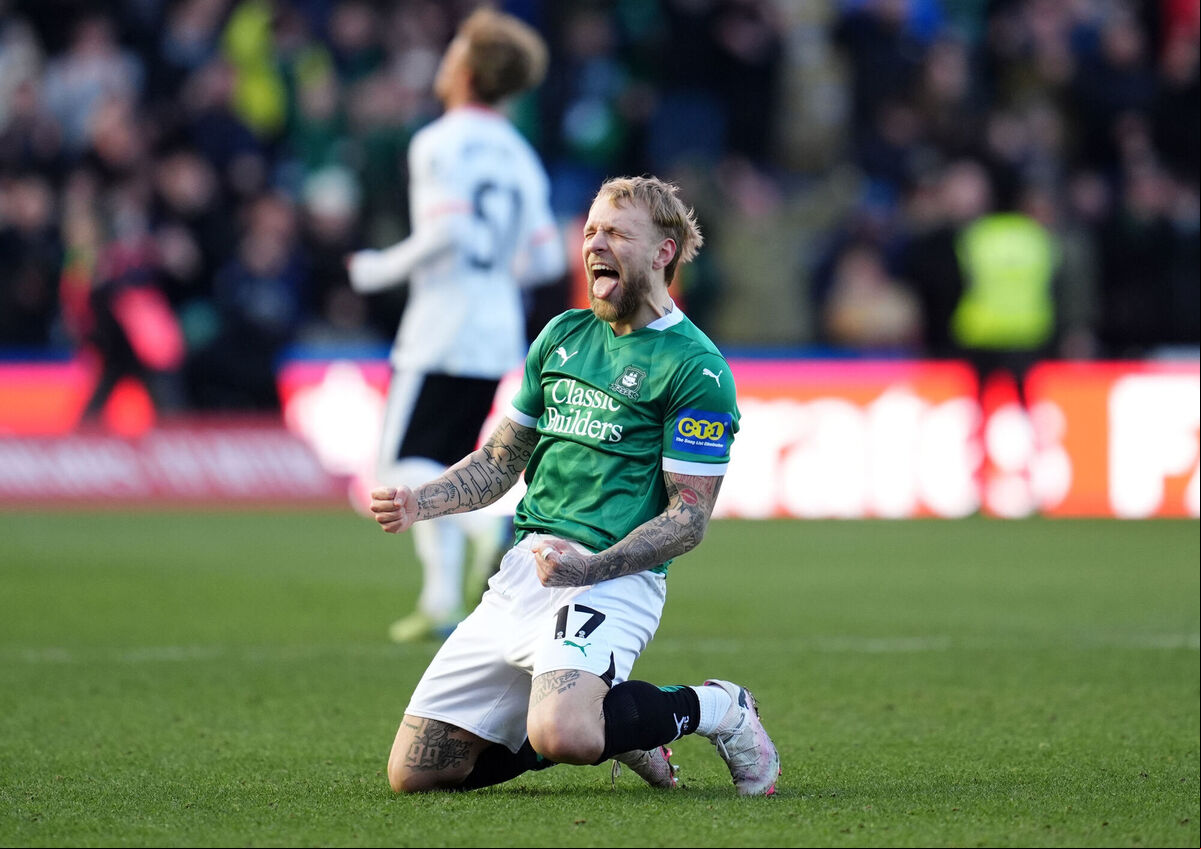Plymouth Argyle's Tymoteusz Puchacz celebrates their FA Cup fourth round match win over Liverpool at at Home Park, Plymouth. Picture: Adam Davy/PA Wire