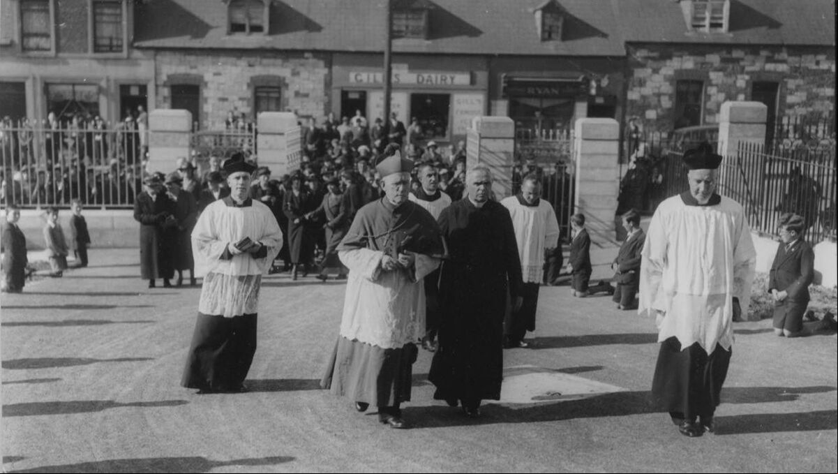 Bishop Daniel Cohalan and his entourage as they arrive to bless the new schools at Turner's Cross (1938).
