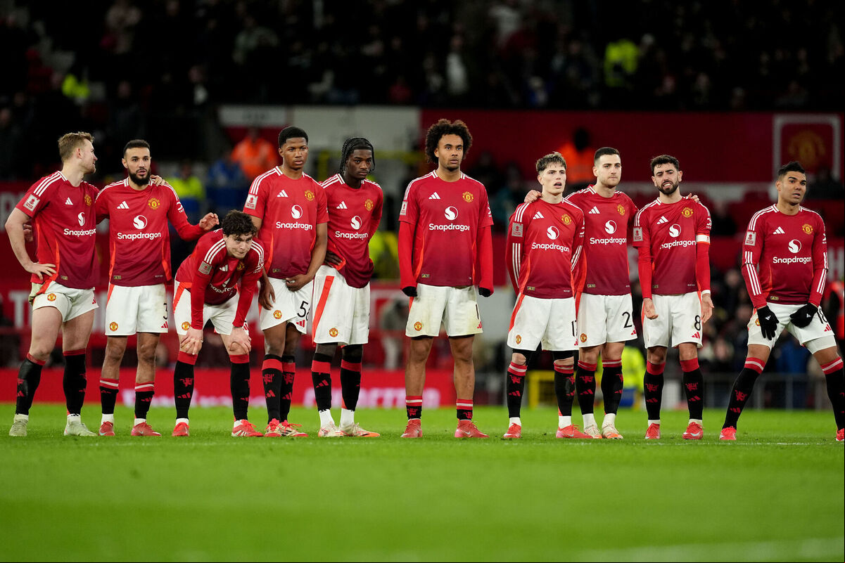 Manchester United players dejected after the penalty shootout after the Emirates FA Cup fifth round match at Old Trafford, Manchester. Picture: Martin Rickett/PA Wire Manchester United players dejected after the penalty shootout after the Emirates FA Cup fifth round match at Old Trafford, Manchester. Picture: Martin Rickett/PA Wire