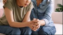 Middle aged asia people old mom holding hands trust comfort help young woman talk crying stress relief at home. Mum as friend lo