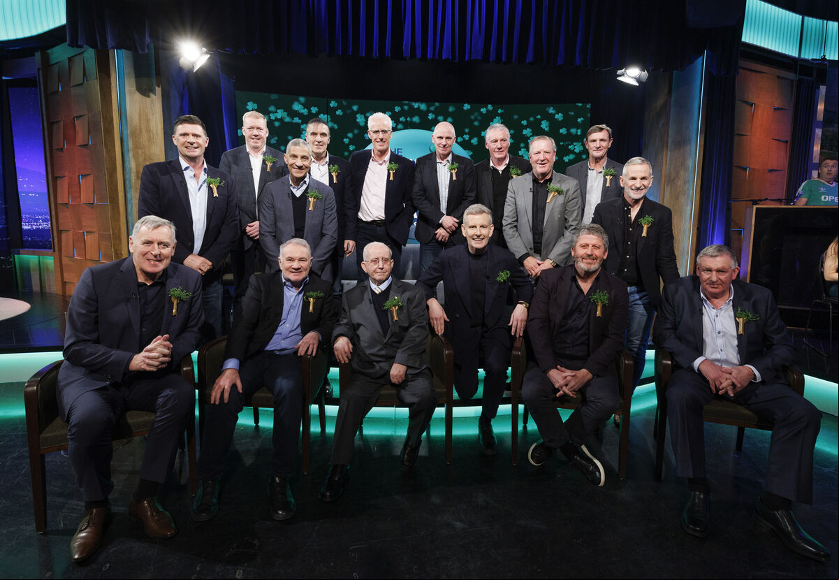 Patrick Kielty with the Italia 90's legends on 'The Late Late Show' St Patrick’s Day Show. Picture Andres Poveda Patrick Kielty with the Italia 90's legends on 'The Late Late Show' St Patrick’s Day Show. Picture Andres Poveda