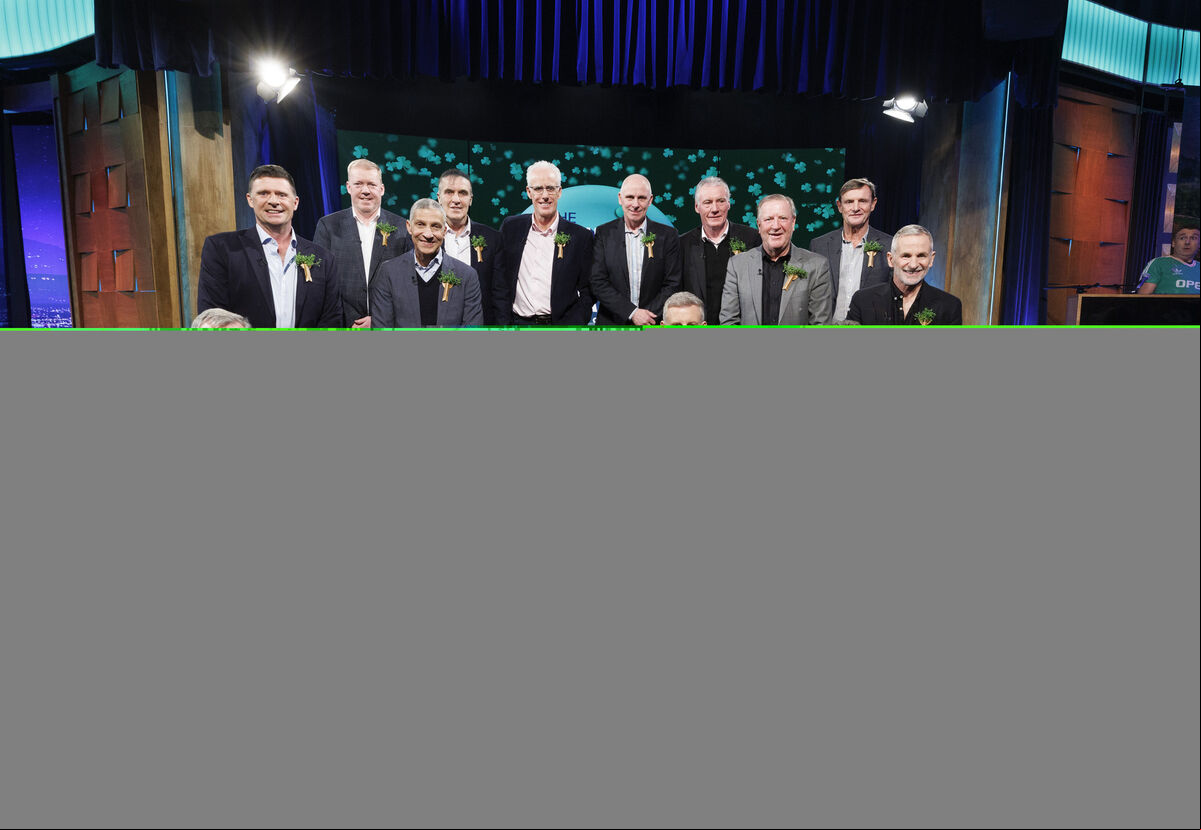 Patrick Kielty with the Italia 90's legends on 'The Late Late Show' St Patrick’s Day Show. Picture Andres Poveda Patrick Kielty with the Italia 90's legends on 'The Late Late Show' St Patrick’s Day Show. Picture Andres Poveda