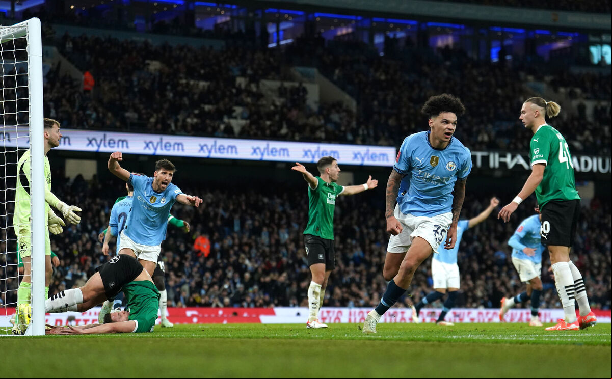 Manchester City's Nico O'Reilly (second right) celebrates scoring their side's second goal of the game against Plymouth during the Emirates FA Cup fifth round match at Etihad Stadium, Manchester. Picture: Martin Rickett/PA Wire.