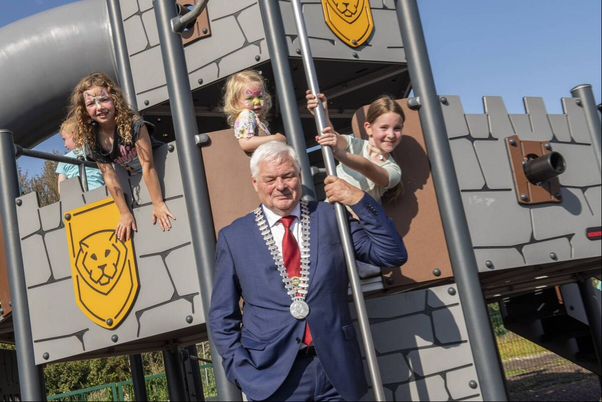 Then mayor of the County of Cork, Cllr. Frank O'Flynn with Amelia O'Leary, Fiadh Baston and Sophie Bambury at the opening of the playground in Bandon in 2023. Picture: Brian Lougheed Then mayor of the County of Cork, Cllr. Frank O'Flynn with Amelia O'Leary, Fiadh Baston and Sophie Bambury at the opening of the playground in Bandon in 2023. Picture: Brian Lougheed