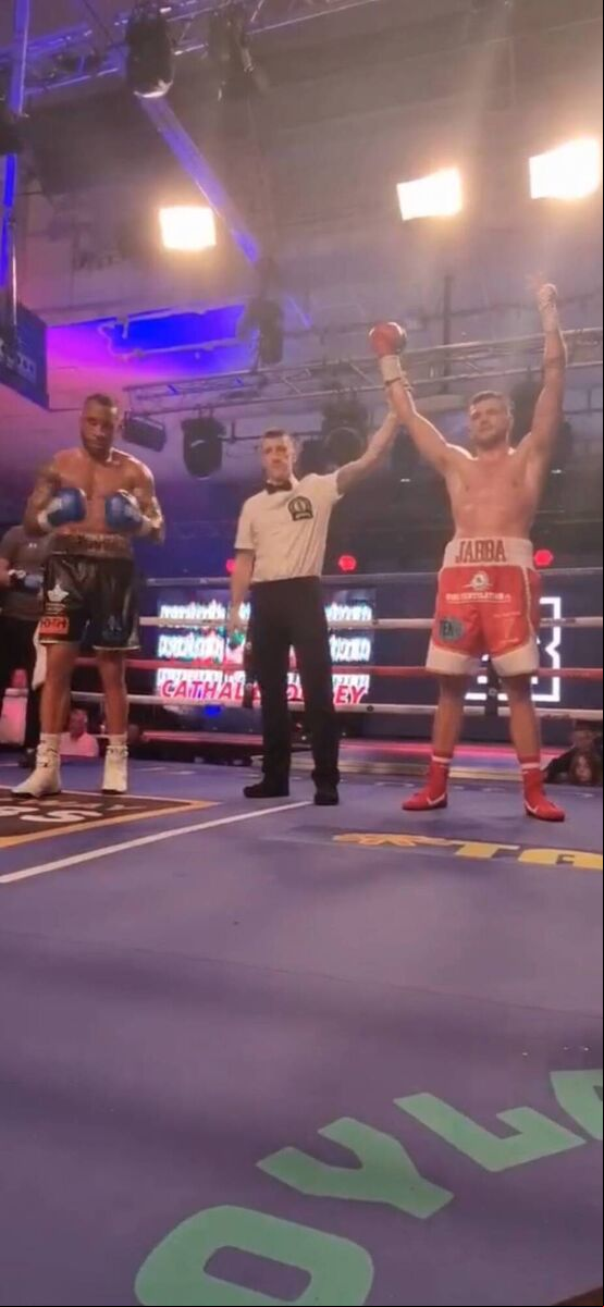 Cork Super Middleweight boxer Cathal Crowley getting his hand raised after he beat English man Grant Dennis at the Night of Champions event in the National Arena. Cork Super Middleweight boxer Cathal Crowley getting his hand raised after he beat English man Grant Dennis at the Night of Champions event in the National Arena.