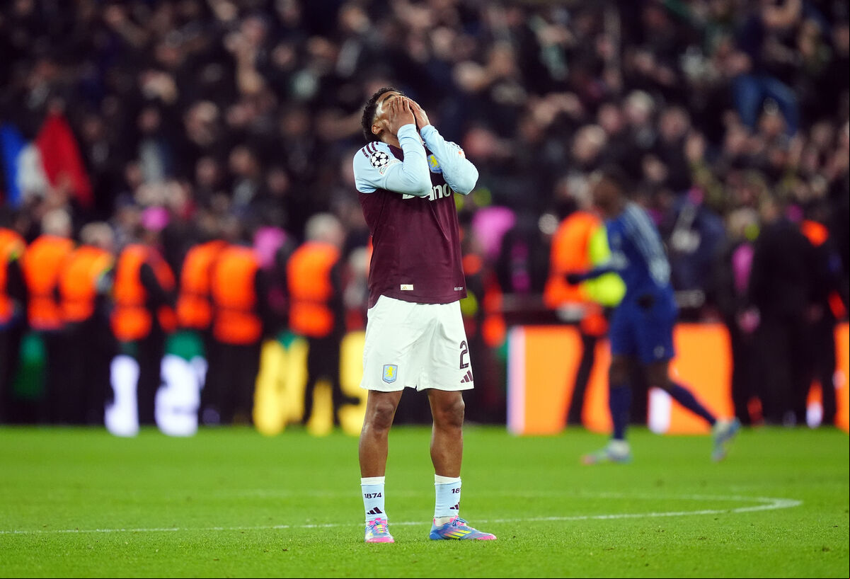 Aston Villa's Ian Maatsen reacts after the final whistle of the UEFA Champions League quarter final, second leg match at Villa Park, Birmingham. Aston Villa's Ian Maatsen reacts after the final whistle of the UEFA Champions League quarter final, second leg match at Villa Park, Birmingham.