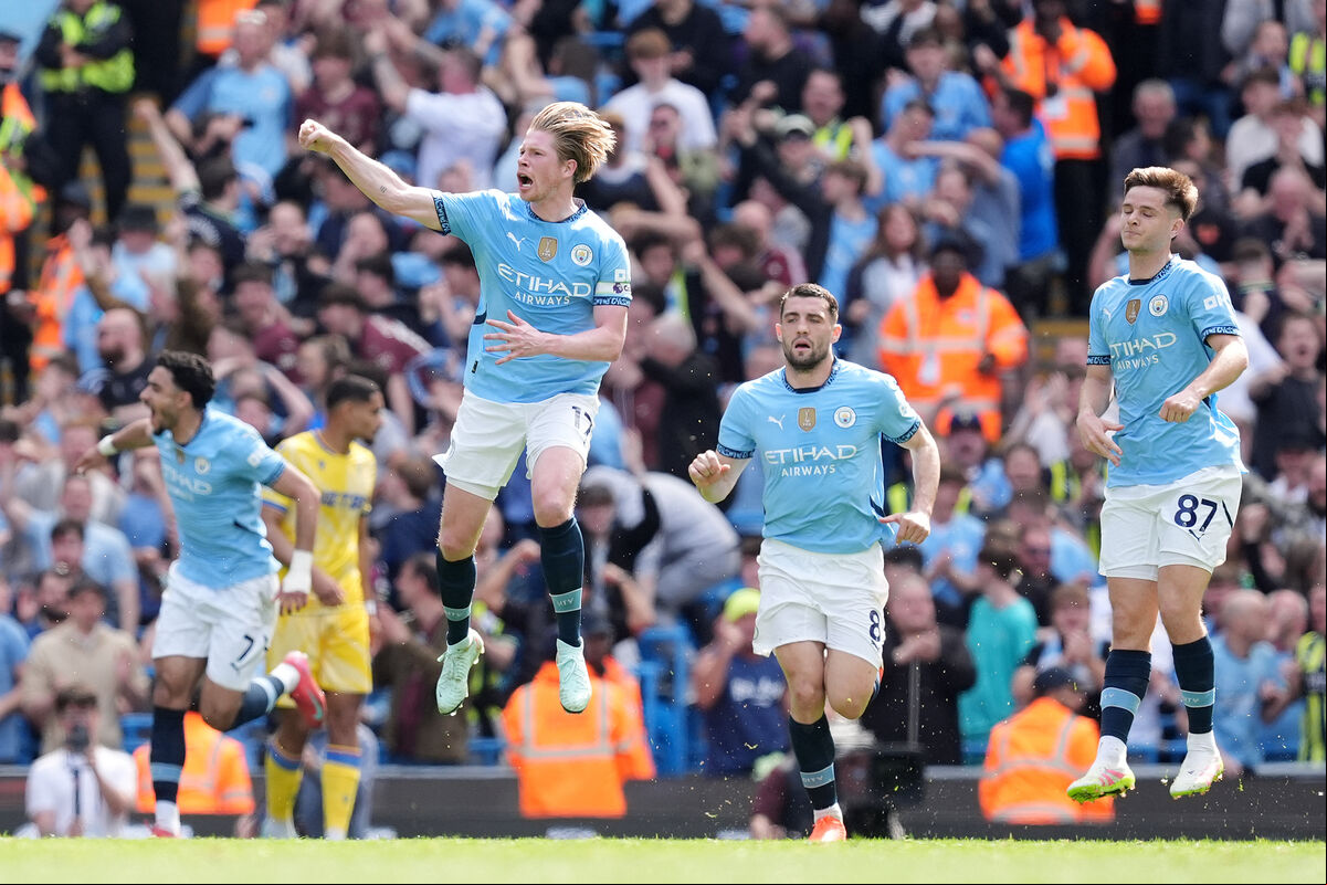 Manchester City's Kevin De Bruyne (centre left) celebrates scoring their side's first goal of the game from a free-kick against Crystal Palace last weekend. Manchester City's Kevin De Bruyne (centre left) celebrates scoring their side's first goal of the game from a free-kick against Crystal Palace last weekend.