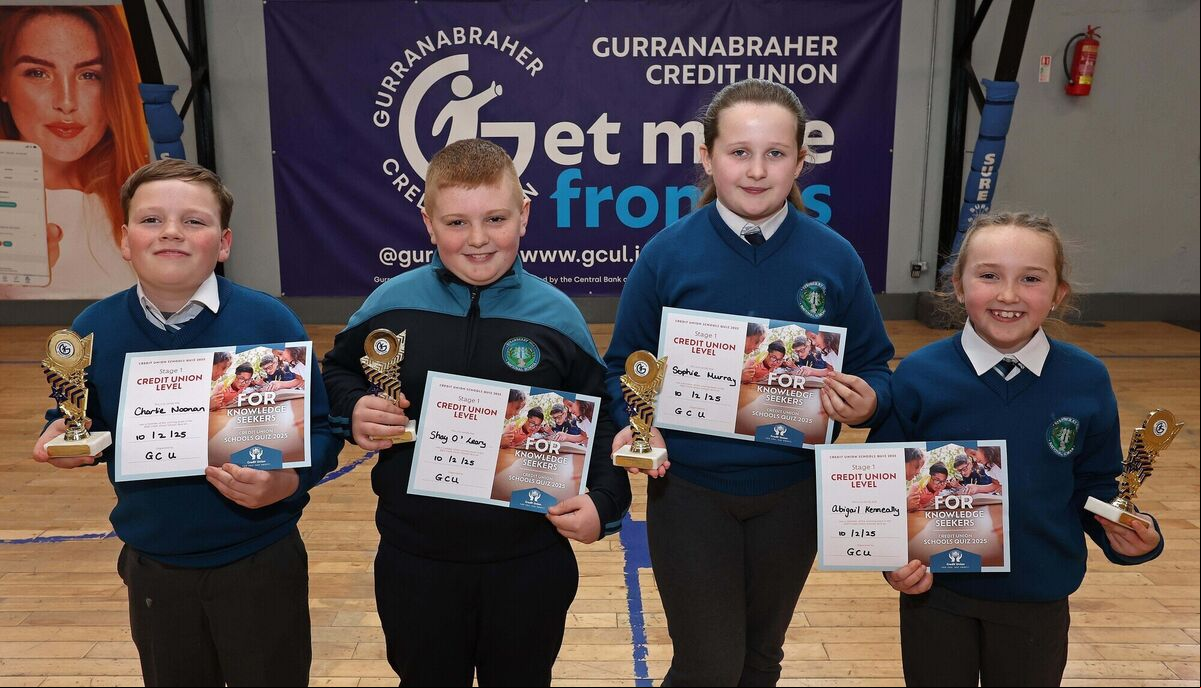 Comp A Winners Charlie Noonan, Shay O'Leary, Sophie Murray and Abigail Kenneally, all representing Strawberry Hill National School, at the Gurranabraher Credit Union, Credit Union Schools Quiz 2025, where Primary Schools in the common bond area entered teams in Comp A Under 11 and Comp B Under 13, at the Gurranabraher Credit Union Arena, Parochial Hall, Churchfield, Cork. Comp A Winners Charlie Noonan, Shay O'Leary, Sophie Murray and Abigail Kenneally, all representing Strawberry Hill National School, at the Gurranabraher Credit Union, Credit Union Schools Quiz 2025, where Primary Schools in the common bond area entered teams in Comp A Under 11 and Comp B Under 13, at the Gurranabraher Credit Union Arena, Parochial Hall, Churchfield, Cork.
