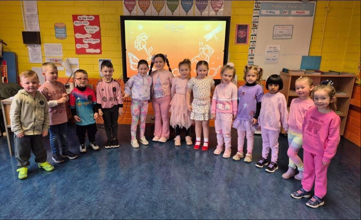 Pupils at Scoil na Croise Naofa in Mahon which held a Pink & Purple Puffin day Pupils at Scoil na Croise Naofa in Mahon which held a Pink & Purple Puffin day