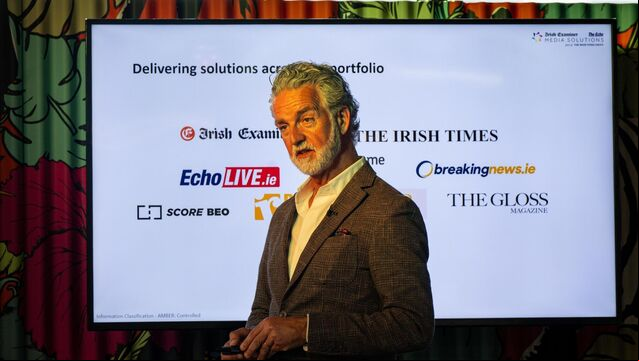 <p>Gavin McAuliffe, Head of Group Content Studio, addresses attendees at the Irish Times Group client lunch and learn event at Republic of Work, Cork. Picture Chani Anderson</p>