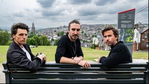 <p>Relaxed before the storm, Conor Egan, Danny O’Reilly and Graham Knox of The Coronas enjoy a chilled moment in Bells Field, Cork. Picture Chani Anderson</p>