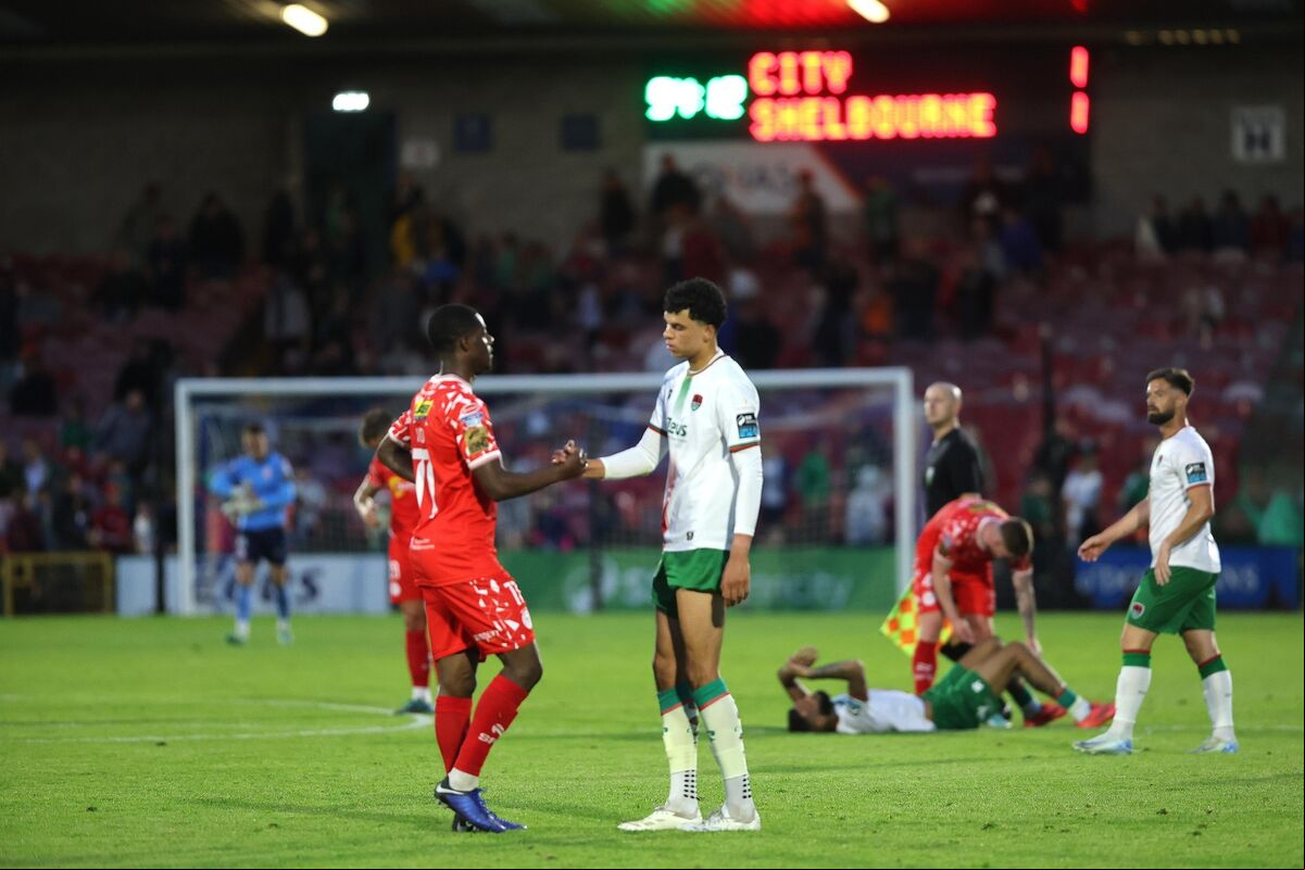Shelbourne's Mipo Odubeko and Freddie Anderson of Cork City after Friday's draw. Picture: INPHO/Bryan Keane