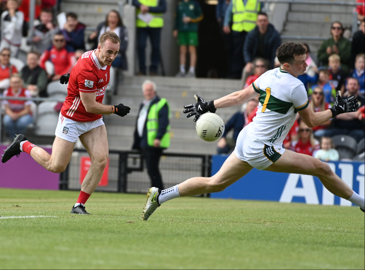 Cork's Matty Taylor has his shot saved by Kerry's Shane Ryan. Picture: Eddie O'Hare Cork's Matty Taylor has his shot saved by Kerry's Shane Ryan. Picture: Eddie O'Hare