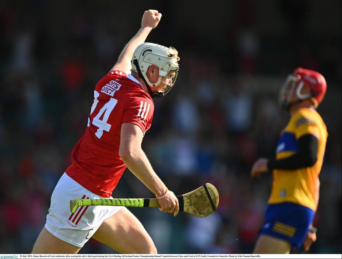 Shane Barrett, in his white helmet, celebrates his goal against Clare in the 2021 All-Ireland SHC. Picture: Eóin Noonan/Sportsfile Shane Barrett, in his white helmet, celebrates his goal against Clare in the 2021 All-Ireland SHC. Picture: Eóin Noonan/Sportsfile