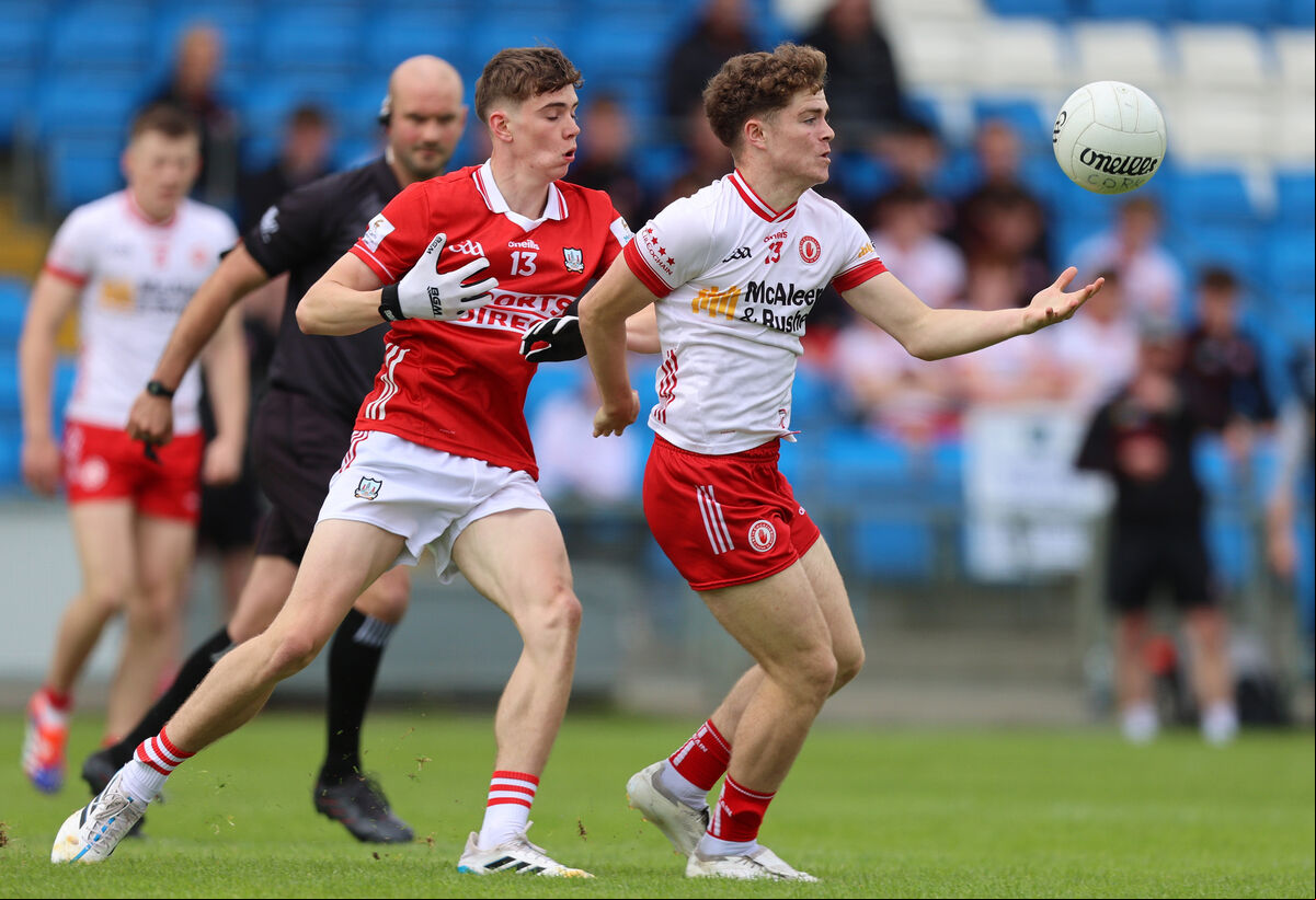 Cork’s Jack Byerley tackles Joel Kerr of Tyrone. Picture: INPHO/Leah Scholes Cork’s Jack Byerley tackles Joel Kerr of Tyrone. Picture: INPHO/Leah Scholes
