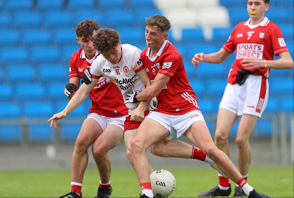 Cork’s Matthew Kiernan and Ronan Hayes fight for the ball against Tyrone. Picture: INPHO/Leah Scholes Cork’s Matthew Kiernan and Ronan Hayes fight for the ball against Tyrone. Picture: INPHO/Leah Scholes