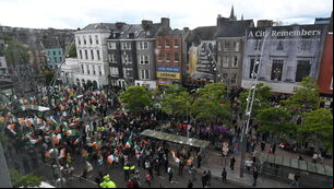 <p> Garda Mounted Unit at Grand Parade Cork to  the Garda Public Order Unit as two protest marches take place on Saturday afternoon. Picture: Larry Cummins</p>