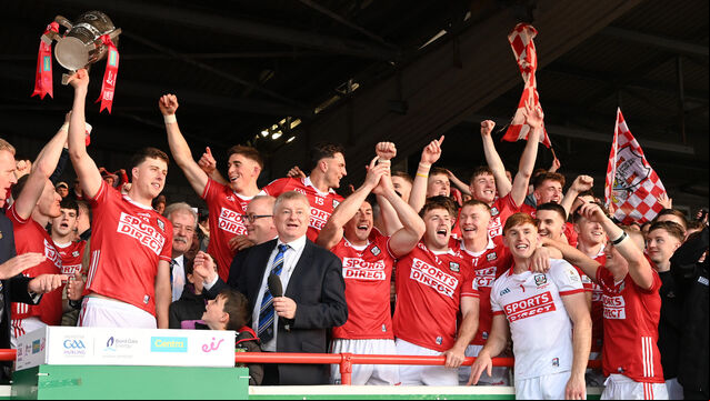 <p>Cork captain Robert Downey raises the Mick Mackey Cup after defeating Limerick at TUS Gaelic Grounds. Picture: Eddie O'Hare</p>