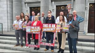 <p>Green Party, Labour, Social Democrat, Sinn Féin, Workers Party, and People Before Profit-Solidarity councillors on the steps of City Hall, appealing for the public to attend their housing protest, which takes place later in the month.</p>